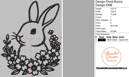 Floral Bunny Embroidery Design File | Digital Download | 6 Sizes & 7 Formats Included Threaded Dreams