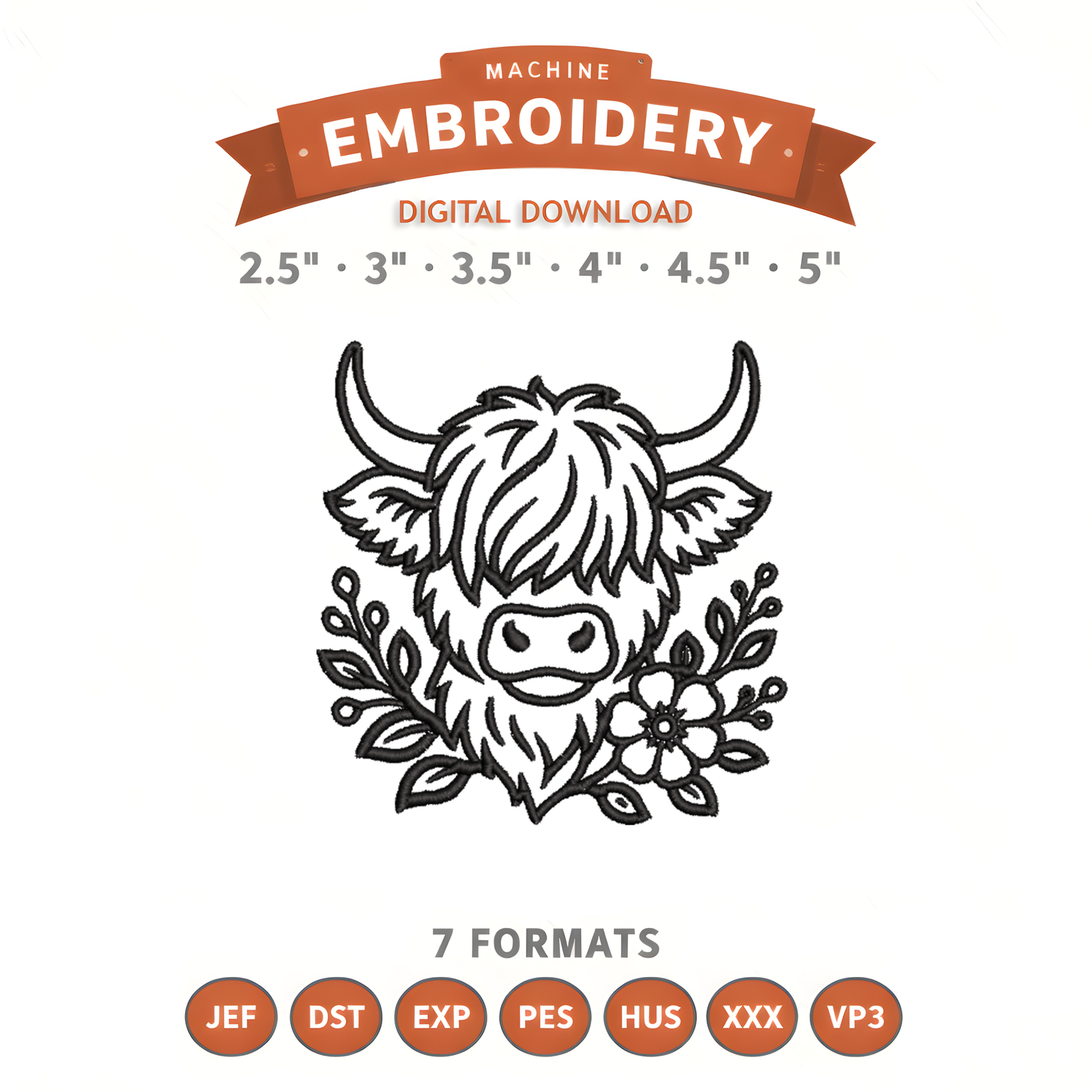 Floral Highland Cow Embroidery Design File | Digital Download | 6 Sizes & 7 Formats Included Threaded Dreams