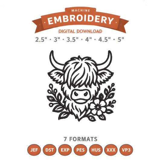 Floral Highland Cow Embroidery Design File | Digital Download | 6 Sizes & 7 Formats Included Threaded Dreams