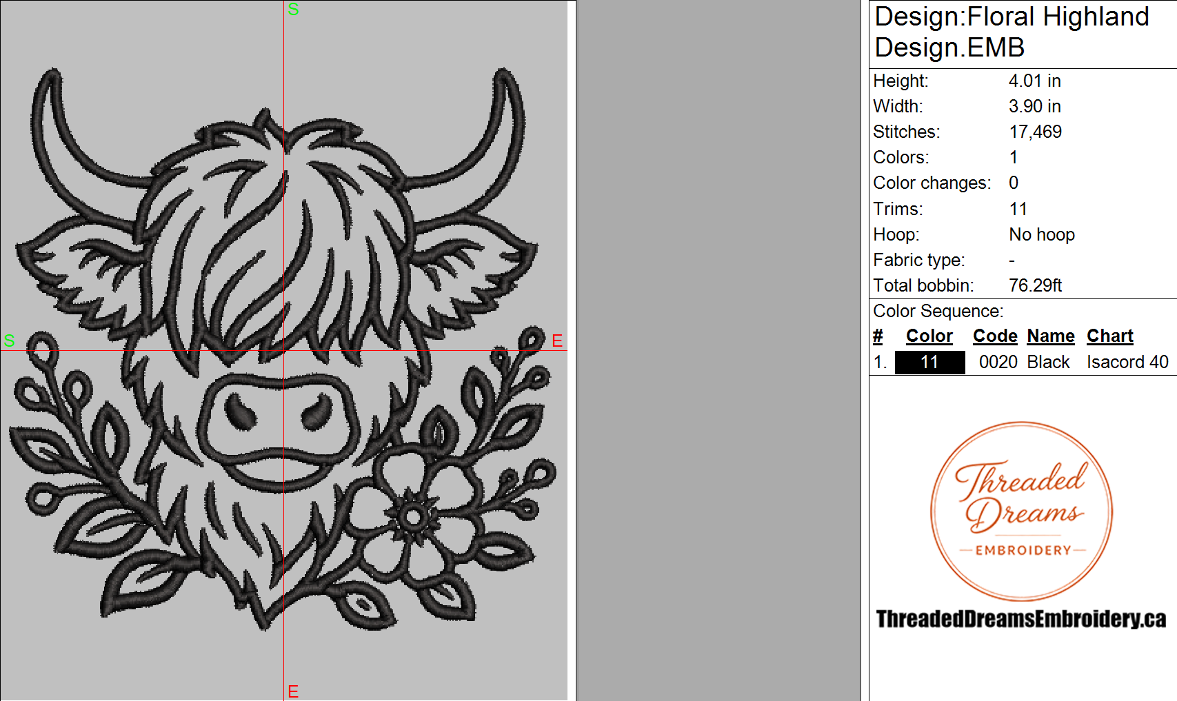 Floral Highland Cow Embroidery Design File | Digital Download | 6 Sizes & 7 Formats Included Threaded Dreams