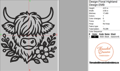 Floral Highland Cow Embroidery Design File | Digital Download | 6 Sizes & 7 Formats Included Threaded Dreams
