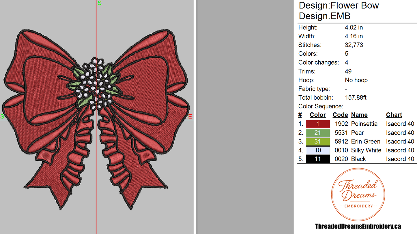 Flower Bow Embroidery Design File | Digital Download | 6 Sizes & 7 Formats Included Threaded Dreams