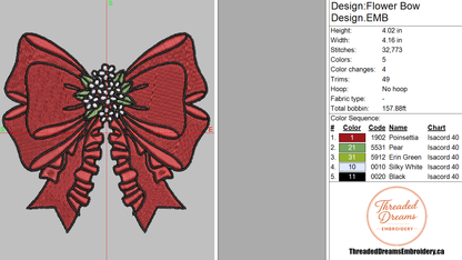 Flower Bow Embroidery Design File | Digital Download | 6 Sizes & 7 Formats Included Threaded Dreams