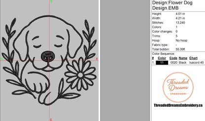 Floral Dog Outline Embroidery Design File | Digital Download | 6 Sizes & 7 Formats Included Threaded Dreams
