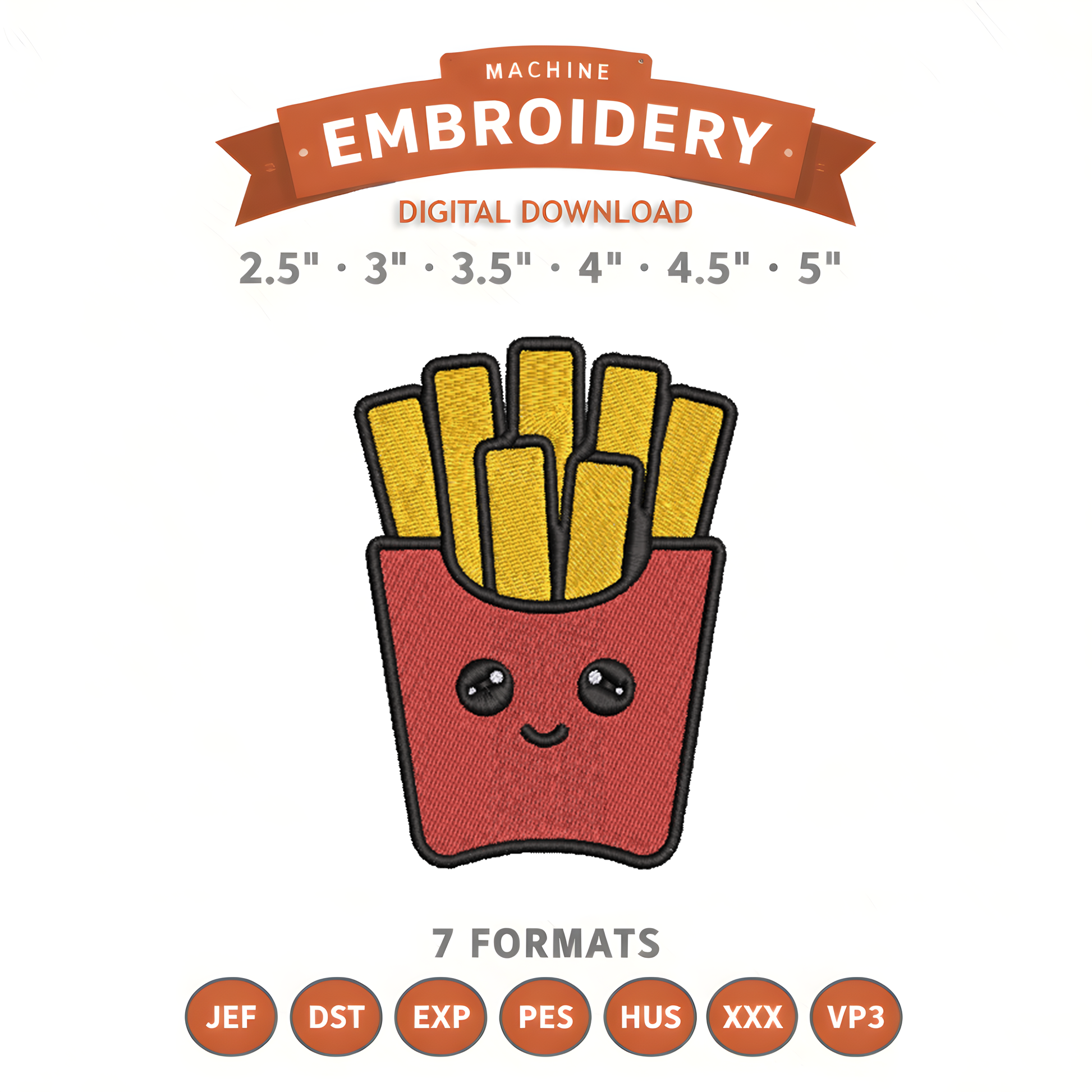 French Fries Embroidery Design File | Digital Download | 6 Sizes & 7 Formats Included Threaded Dreams