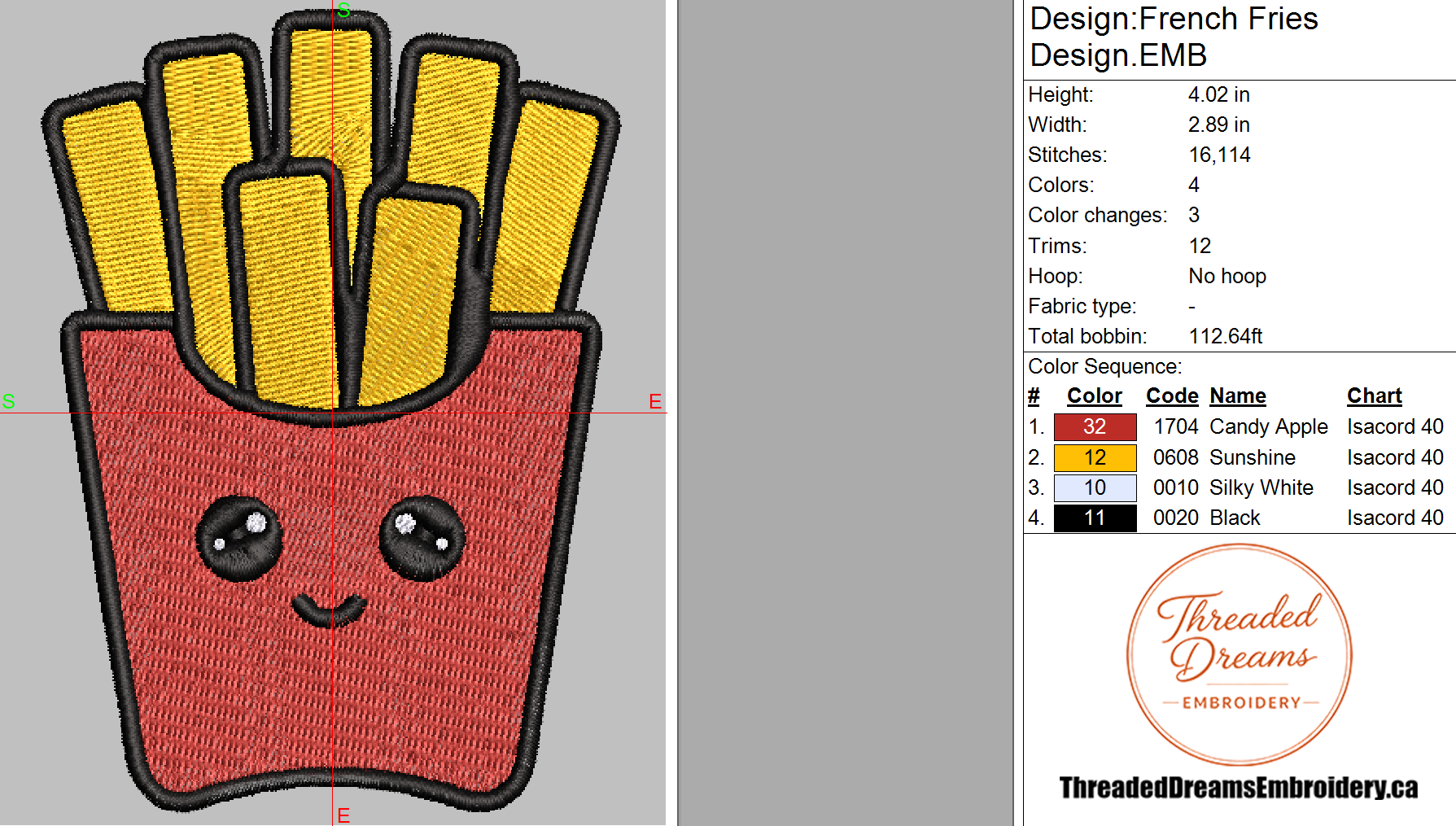 French Fries Embroidery Design File | Digital Download | 6 Sizes & 7 Formats Included Threaded Dreams
