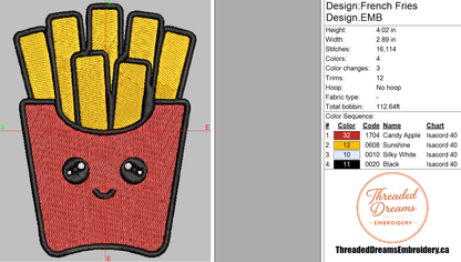 French Fries Embroidery Design File | Digital Download | 6 Sizes & 7 Formats Included Threaded Dreams