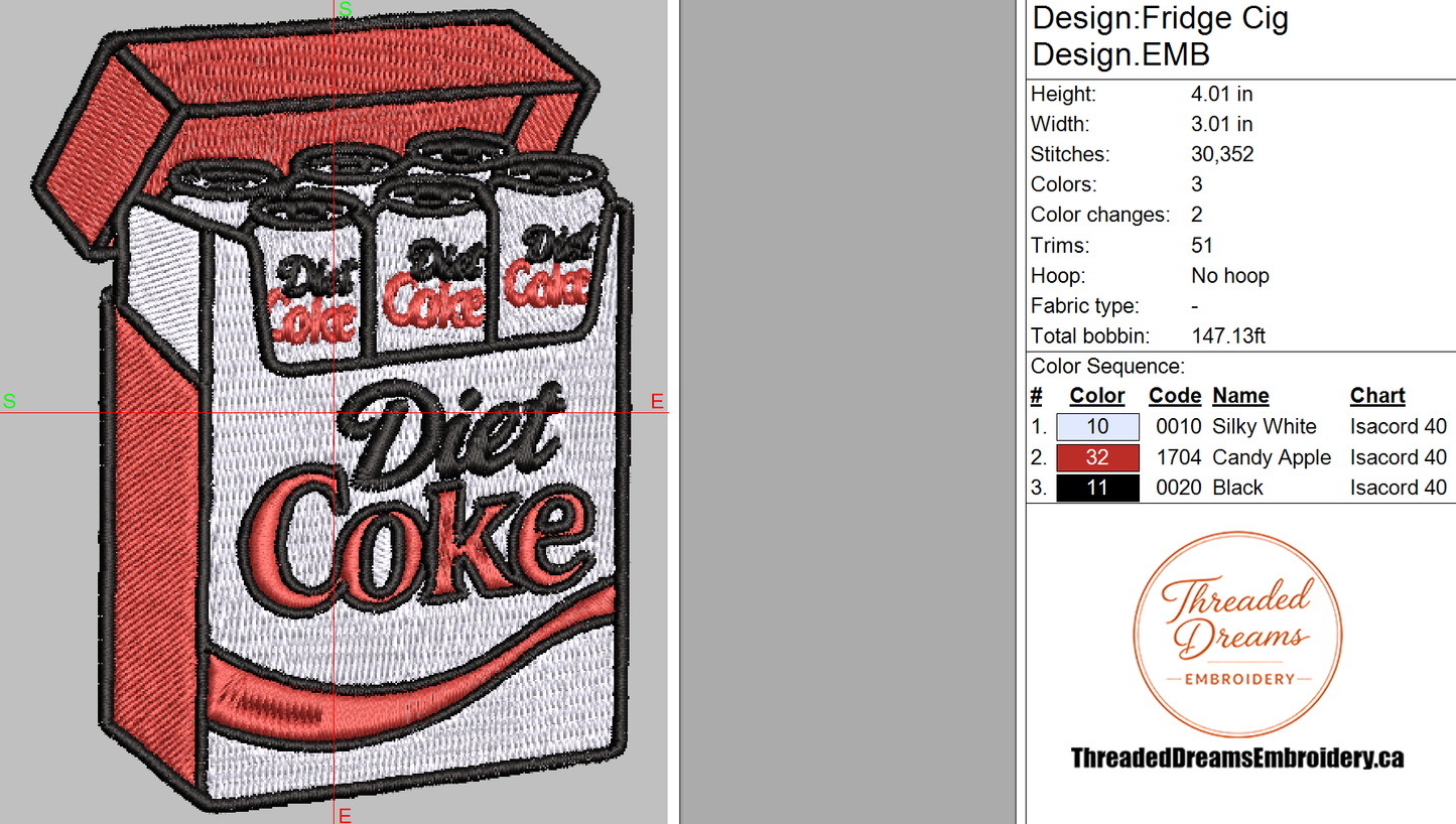 Diet Coke Fridge Cig Embroidery Design File | Digital Download | 6 Sizes & 7 Formats Included Threaded Dreams