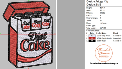 Diet Coke Fridge Cig Embroidery Design File | Digital Download | 6 Sizes & 7 Formats Included Threaded Dreams