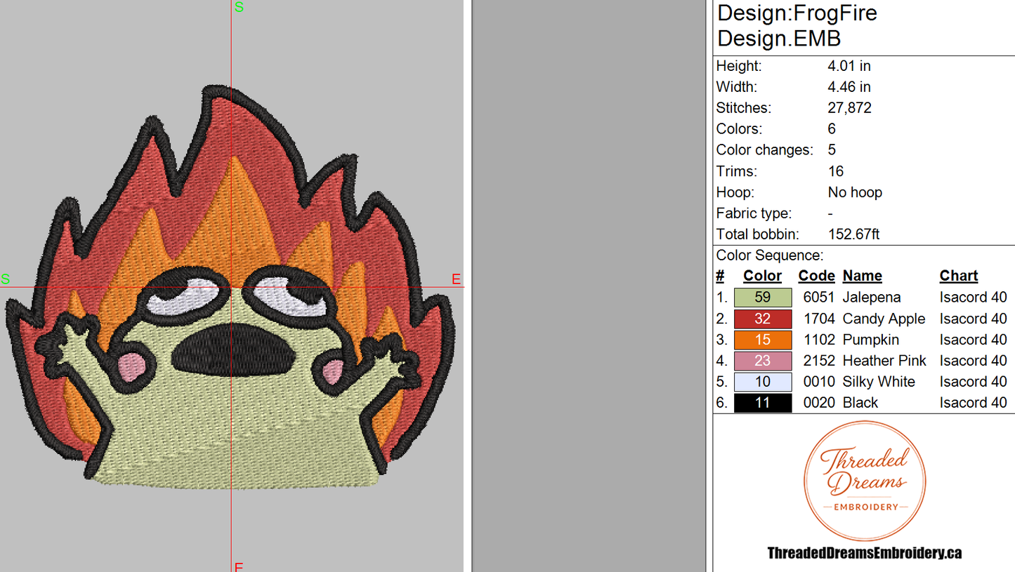 Fire Frog Meme Embroidery Design File | Digital Download | 6 Sizes & 7 Formats Included Threaded Dreams