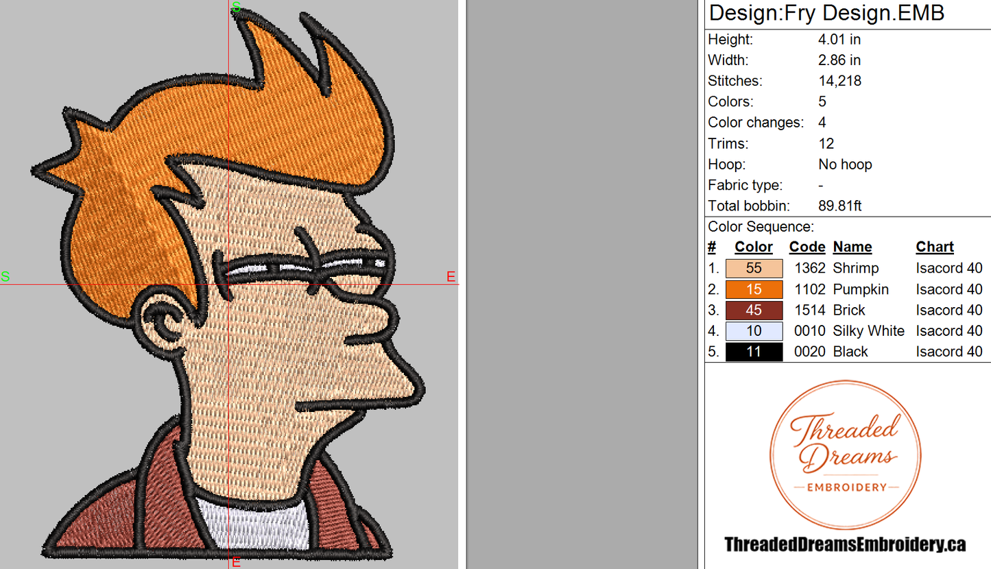Fry Futurama Embroidery Design File | Digital Download | 6 Sizes & 7 Formats Included Threaded Dreams