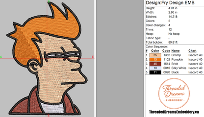 Fry Futurama Embroidery Design File | Digital Download | 6 Sizes & 7 Formats Included Threaded Dreams