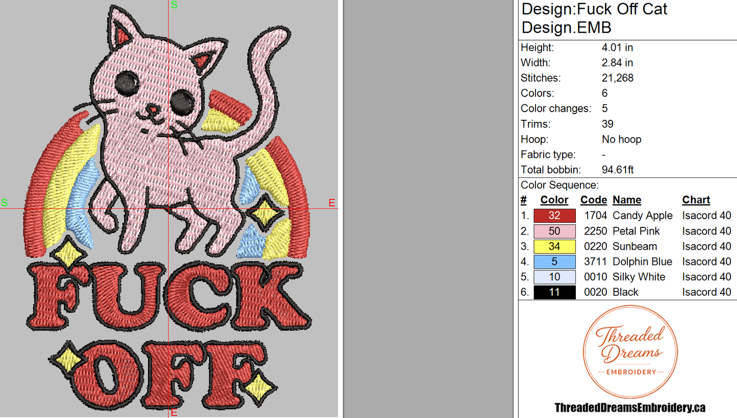 Fuck Off Cat Embroidery Design File | Digital Download | 6 Sizes & 7 Formats Included Threaded Dreams