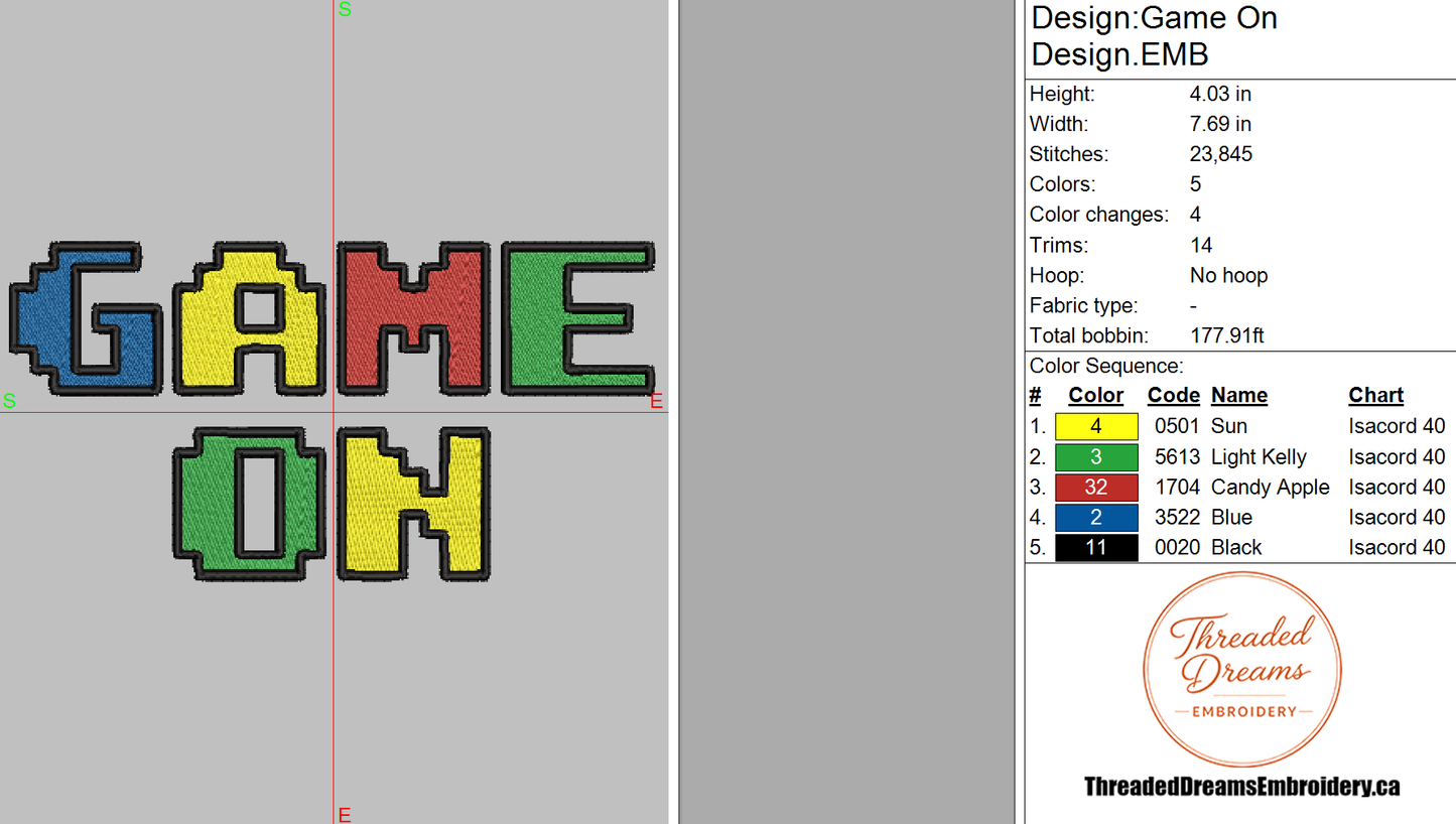 Game On Embroidery Design File | Digital Download | 6 Sizes & 7 Formats Included Threaded Dreams