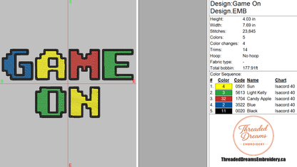 Game On Embroidery Design File | Digital Download | 6 Sizes & 7 Formats Included Threaded Dreams
