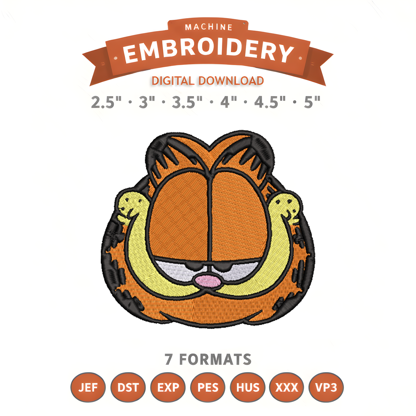 Garfield Face Embroidery Design File | Digital Download | 6 Sizes & 7 Formats Included Threaded Dreams