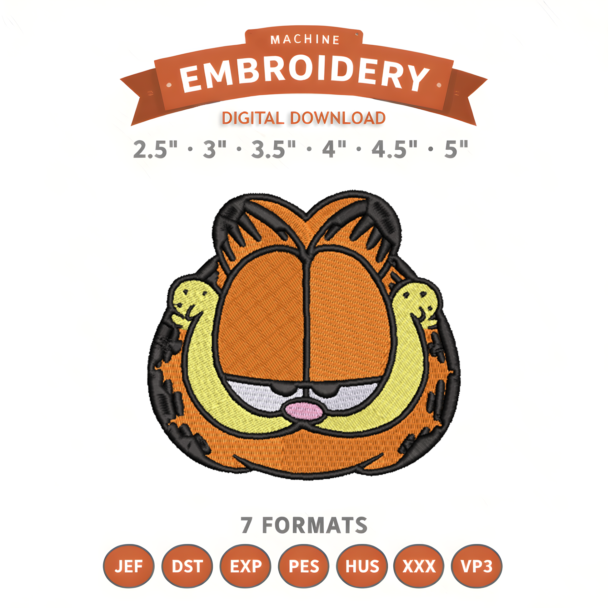 Garfield Face Embroidery Design File | Digital Download | 6 Sizes & 7 Formats Included Threaded Dreams
