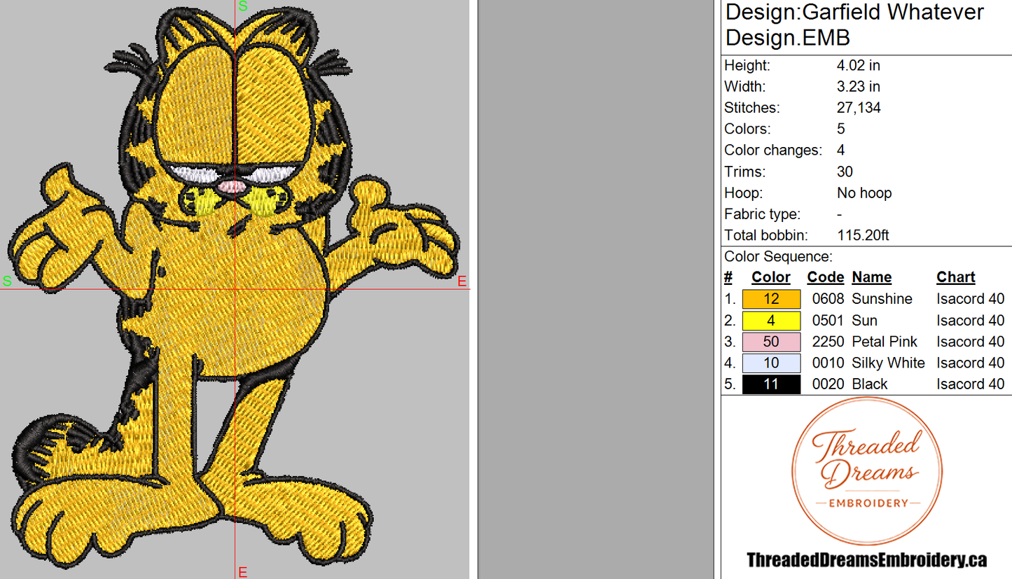 Garfield Whatever Pose Embroidery Design File | Digital Download | 6 Sizes & 7 Formats Included Threaded Dreams