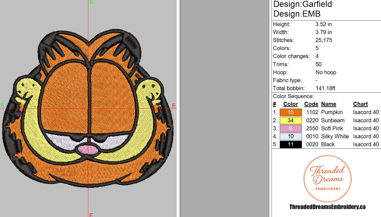 Garfield Face Embroidery Design File | Digital Download | 6 Sizes & 7 Formats Included Threaded Dreams