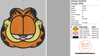 Garfield Face Embroidery Design File | Digital Download | 6 Sizes & 7 Formats Included Threaded Dreams