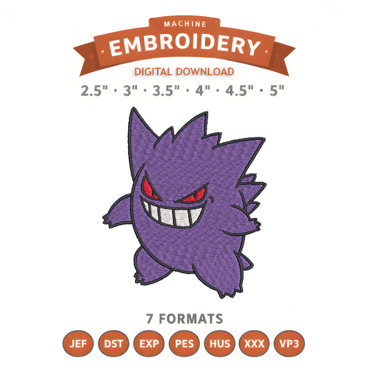 Pokémon Gengar Embroidery Design File | Digital Download | 6 Sizes & 7 Formats Included Threaded Dreams