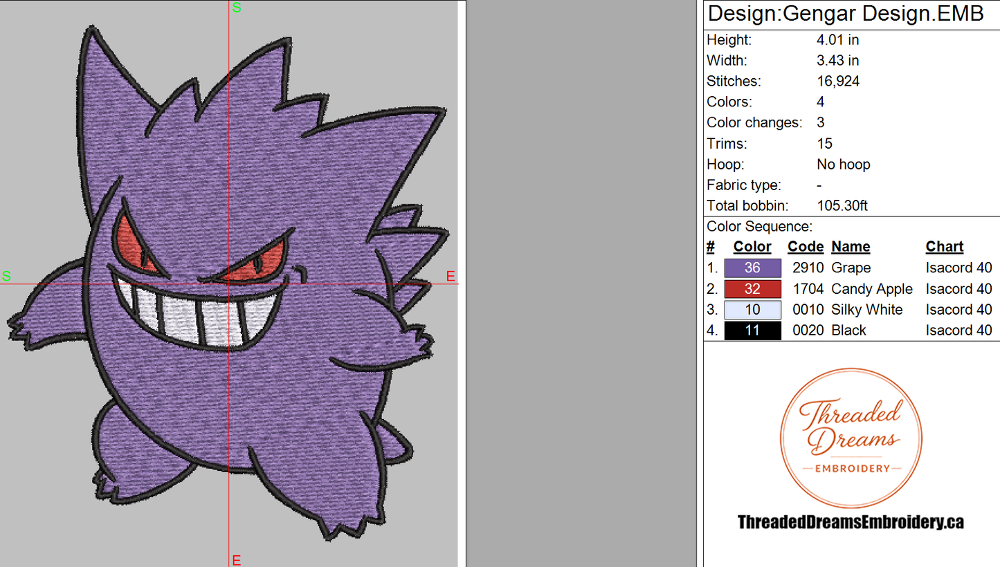 Pokémon Gengar Embroidery Design File | Digital Download | 6 Sizes & 7 Formats Included Threaded Dreams