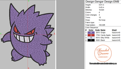Pokémon Gengar Embroidery Design File | Digital Download | 6 Sizes & 7 Formats Included Threaded Dreams