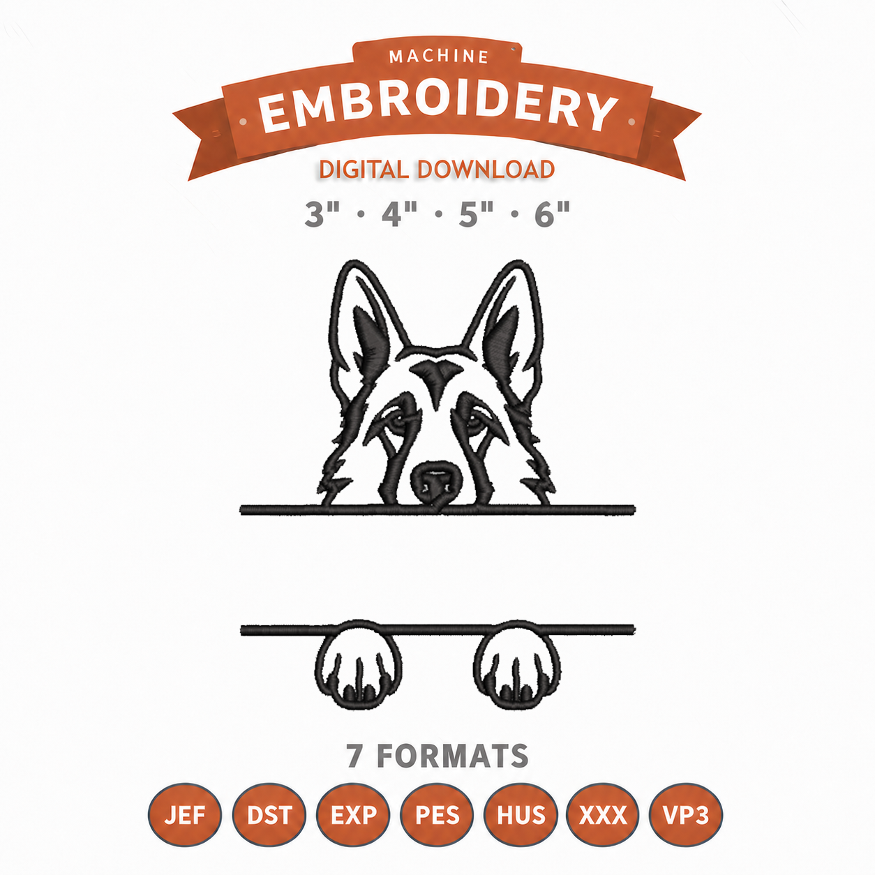 German Shepherd Split Name Machine Embroidery Design File | Digital Download | 4 Sizes & 7 Formats Included Threaded Dreams