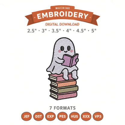 Ghost Book Stack Embroidery Design File | Digital Download | 6 Sizes & 7 Formats Included Threaded Dreams