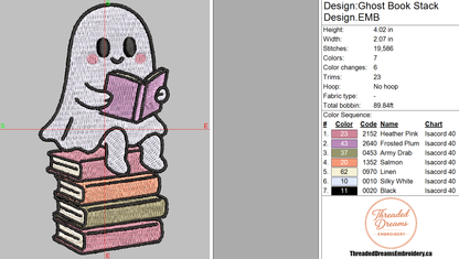 Ghost Book Stack Embroidery Design File | Digital Download | 6 Sizes & 7 Formats Included Threaded Dreams
