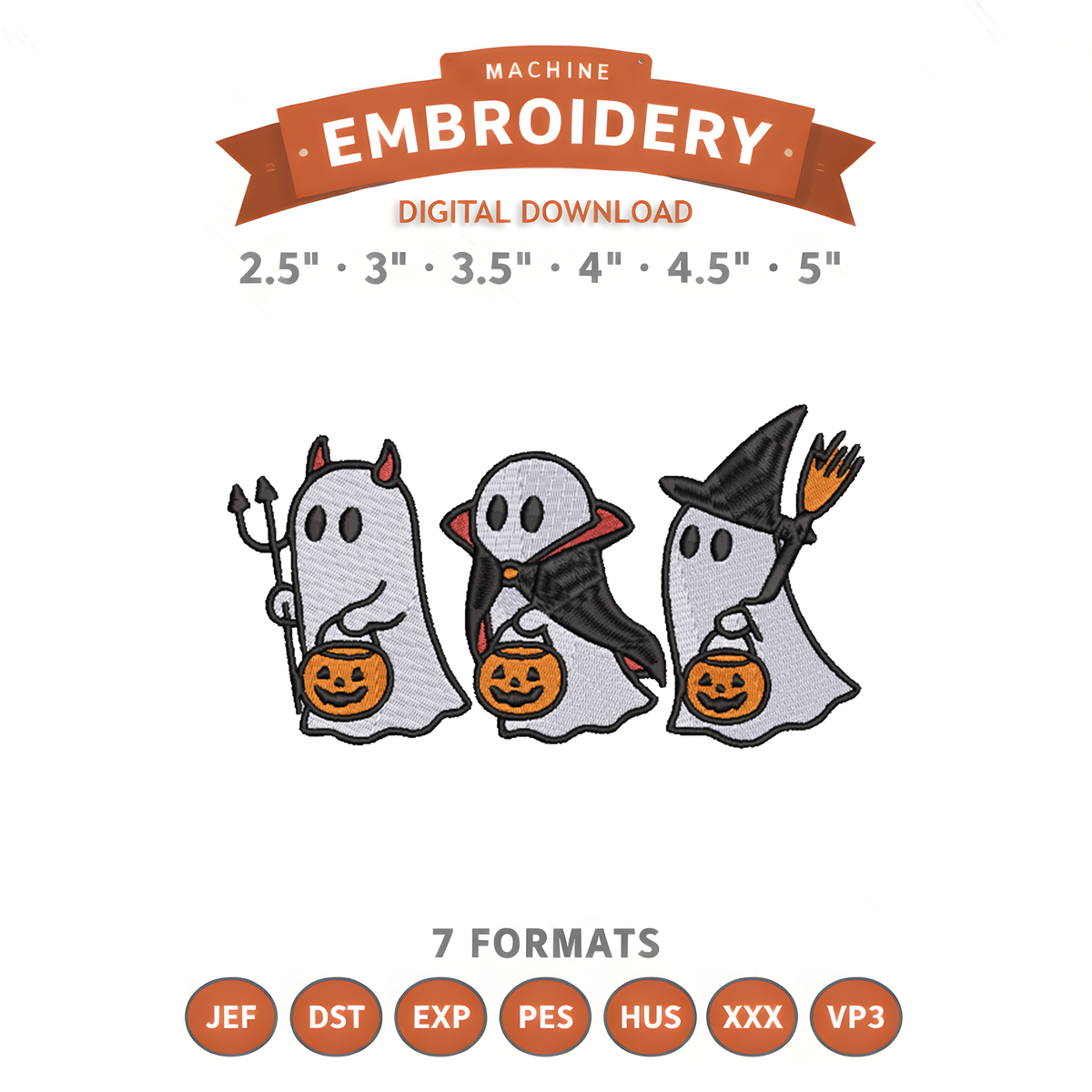 Trick or Treating Ghost Trio Embroidery Design File | Digital Download | 6 Sizes & 7 Formats Included Threaded Dreams