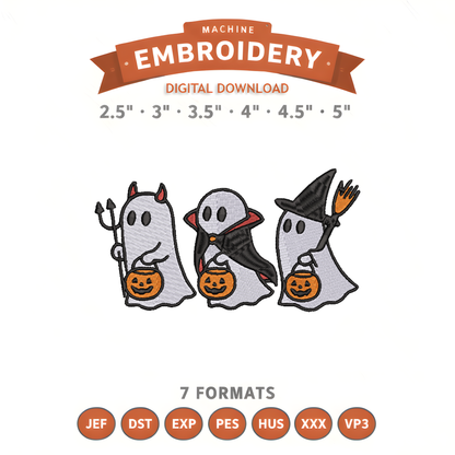 Trick or Treating Ghost Trio Embroidery Design File | Digital Download | 6 Sizes & 7 Formats Included Threaded Dreams