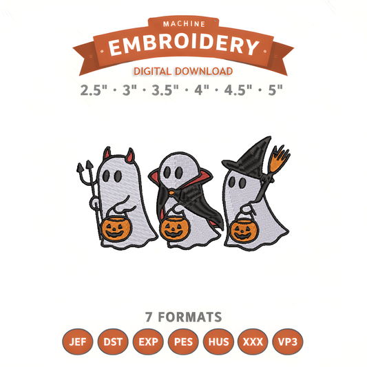 Trick or Treating Ghost Trio Embroidery Design File | Digital Download | 6 Sizes & 7 Formats Included Threaded Dreams