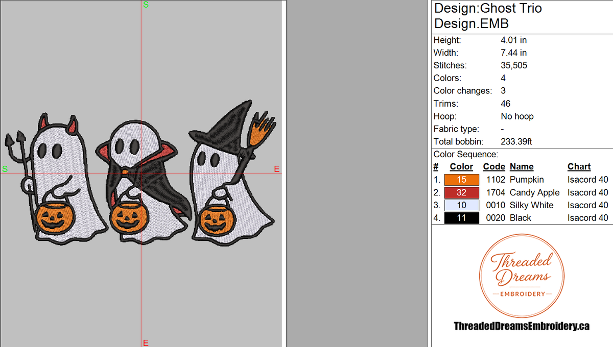 Trick or Treating Ghost Trio Embroidery Design File | Digital Download | 6 Sizes & 7 Formats Included Threaded Dreams