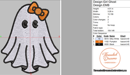 Girl Ghost Embroidery Design File | Digital Download | 6 Sizes & 7 Formats Included Threaded Dreams
