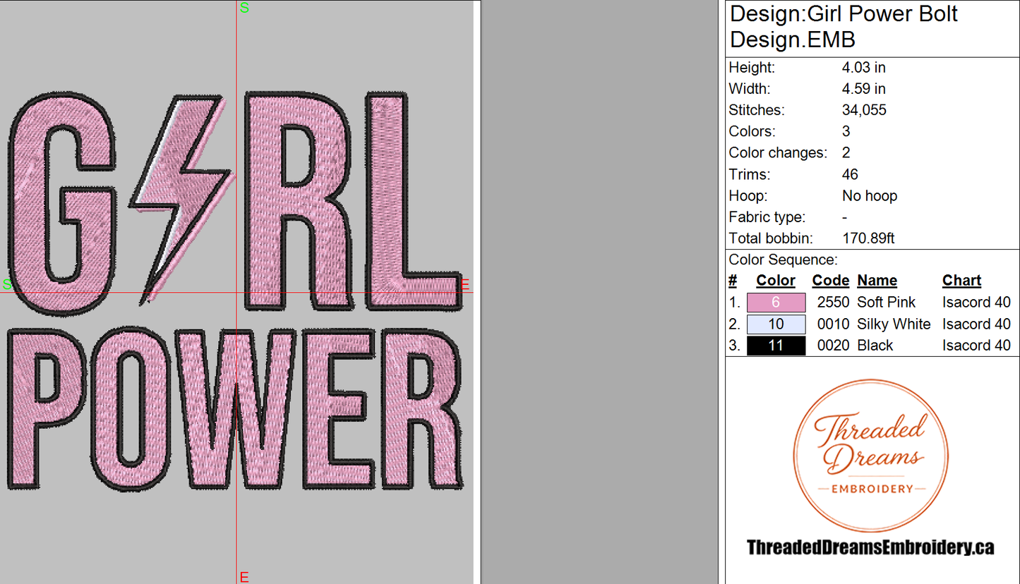 Girl Power Bolt Embroidery Design File | Digital Download | 6 Sizes & 7 Formats Included Threaded Dreams
