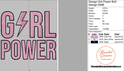 Girl Power Bolt Embroidery Design File | Digital Download | 6 Sizes & 7 Formats Included Threaded Dreams