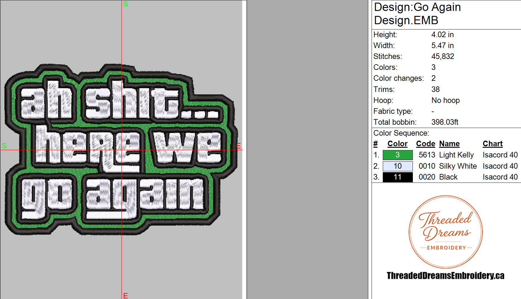 Ah Shit Here We Go Again Embroidery Design File | Digital Download | 6 Sizes & 7 Formats Included Threaded Dreams