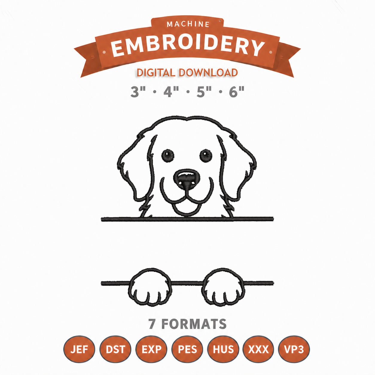 Golden Retriever Split Name Machine Embroidery Design File | Digital Download | 4 Sizes & 7 Formats Included Threaded Dreams