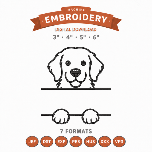 Golden Retriever Split Name Machine Embroidery Design File | Digital Download | 4 Sizes & 7 Formats Included Threaded Dreams