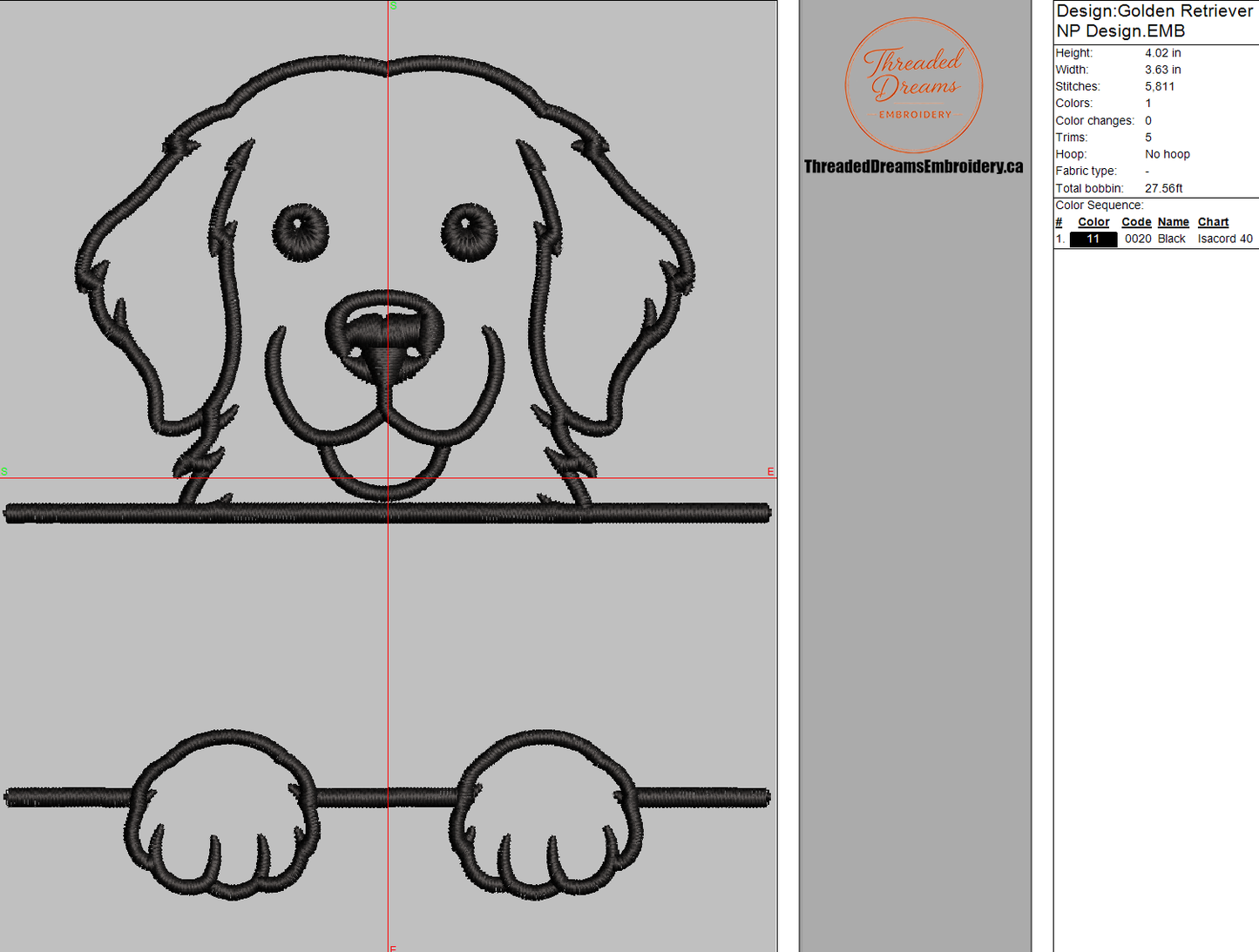 Golden Retriever Split Name Machine Embroidery Design File | Digital Download | 4 Sizes & 7 Formats Included Threaded Dreams