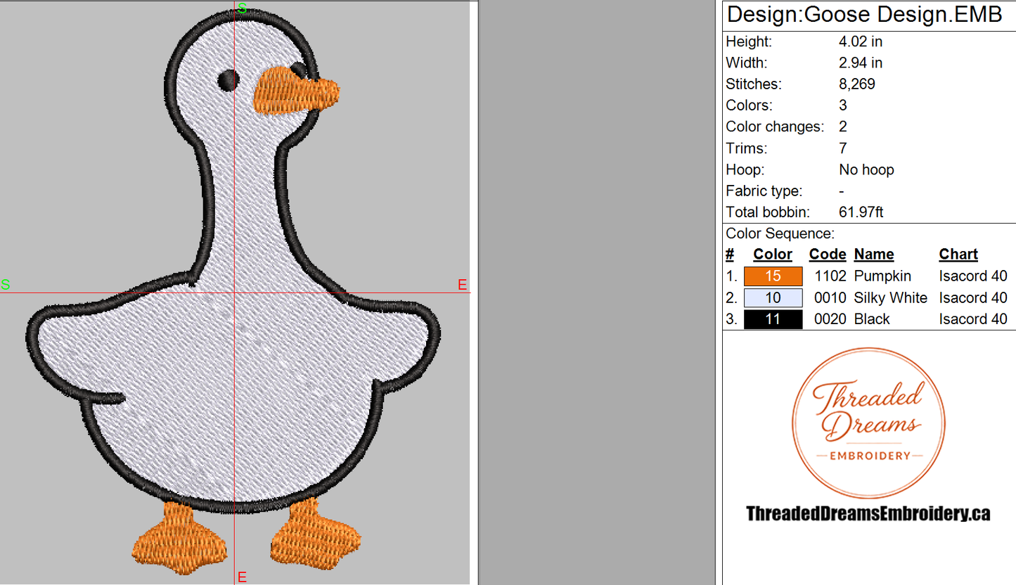 Goose Embroidery Design File | Digital Download | 6 Sizes & 7 Formats Included Threaded Dreams