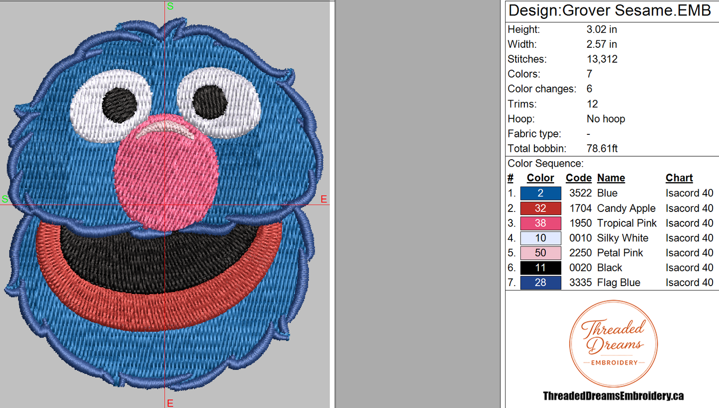 Grover Sesame Street Embroidery Design File | Digital Download | 6 Sizes & 7 Formats Included