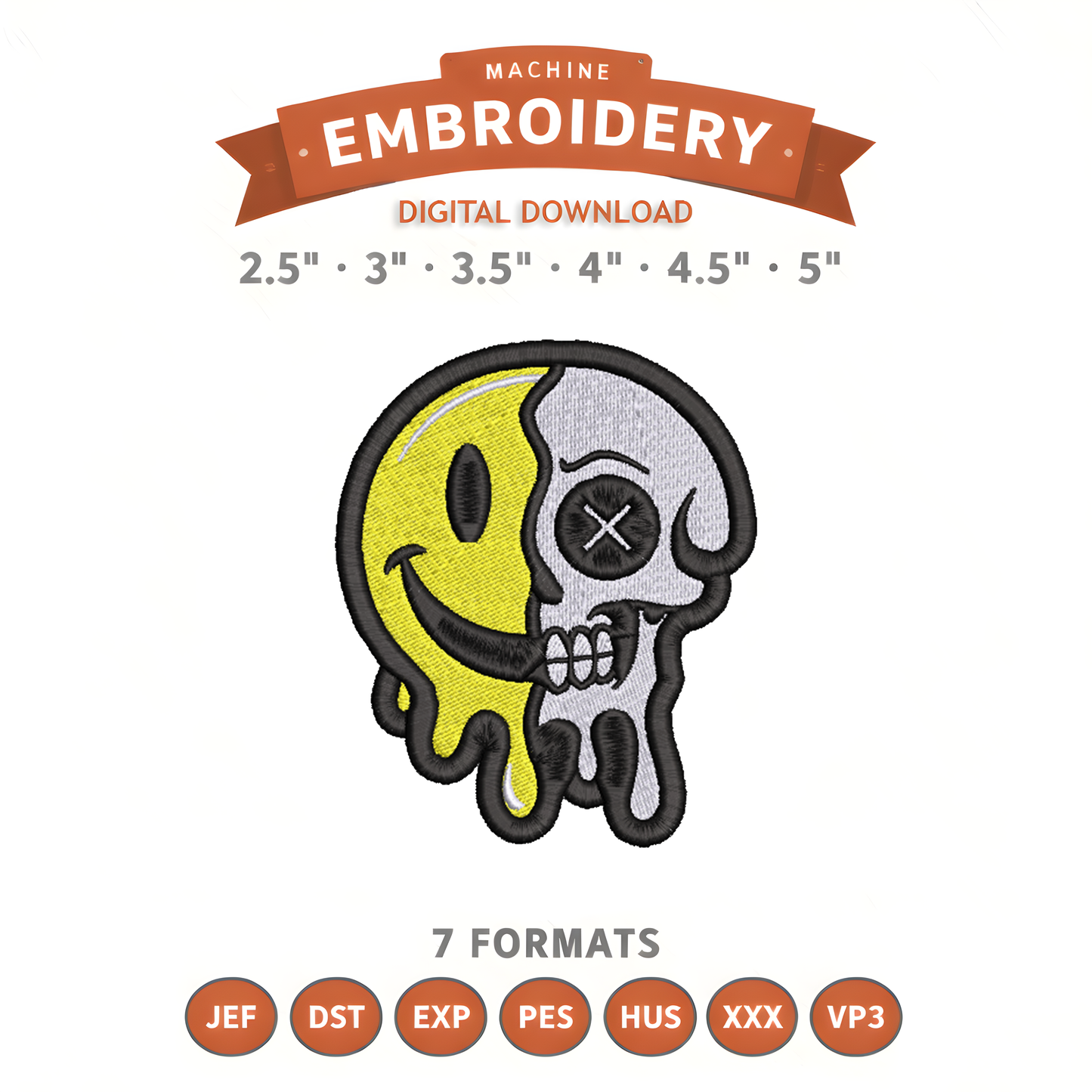 Half Smile Half Skull Embroidery Design File | Digital Download | 6 Sizes & 7 Formats Included Threaded Dreams