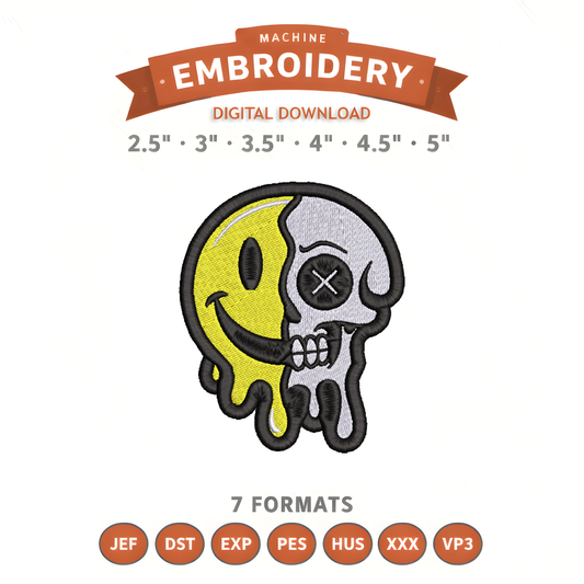 Half Smile Half Skull Embroidery Design File | Digital Download | 6 Sizes & 7 Formats Included Threaded Dreams