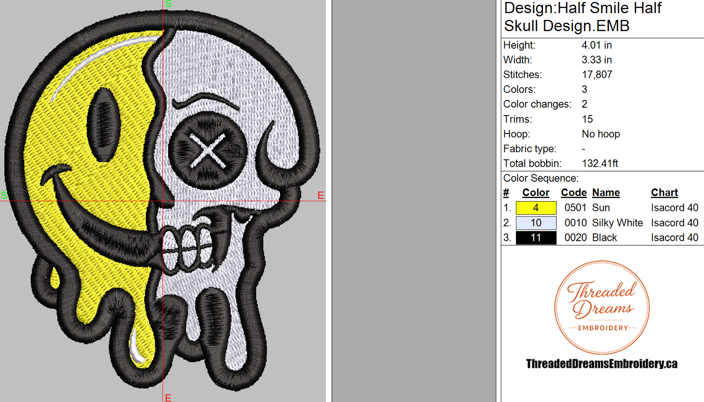 Half Smile Half Skull Embroidery Design File | Digital Download | 6 Sizes & 7 Formats Included Threaded Dreams