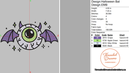 Halloween Bat Embroidery Design File | Digital Download | 6 Sizes & 7 Formats Included Threaded Dreams