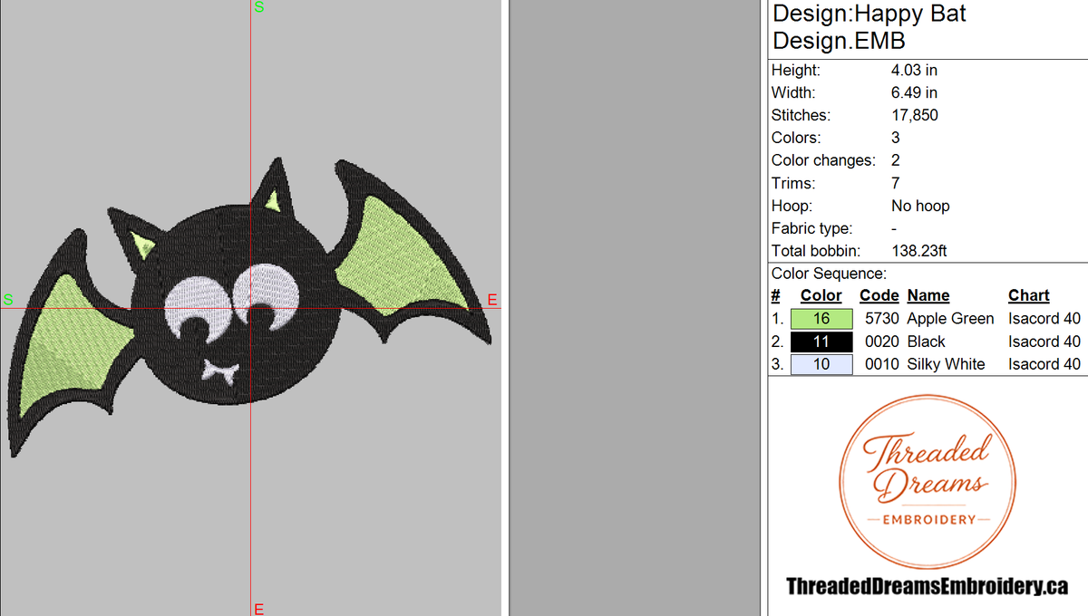 Happy Halloween Bat Embroidery Design File | Digital Download | 6 Sizes & 7 Formats Included Threaded Dreams