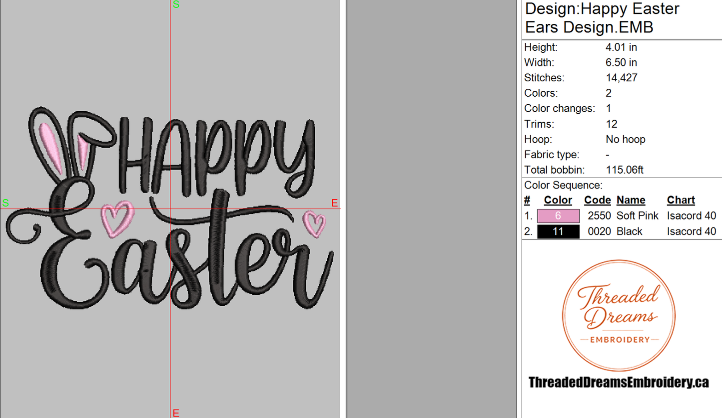 Happy Easter Ears Embroidery Design File | Digital Download | 6 Sizes & 7 Formats Included Threaded Dreams