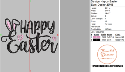 Happy Easter Ears Embroidery Design File | Digital Download | 6 Sizes & 7 Formats Included Threaded Dreams